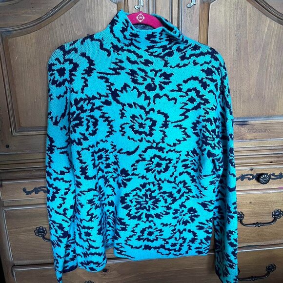 THML Aquamarine and Black Floral Patterned Turtleneck Sweater - Picture 1 of 3